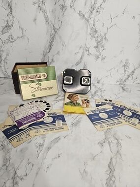 vintage Sawyer's View-Master stereoscope set, likely from the 1940s or 1950s.